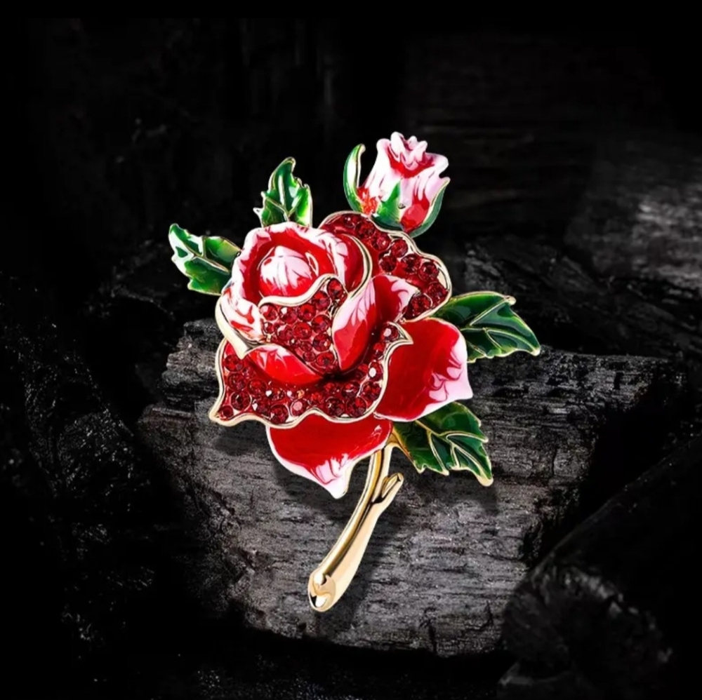 SAKS BEAUTIFUL ENAMEL" SPRING RED ROSE" BROOCH NWOT